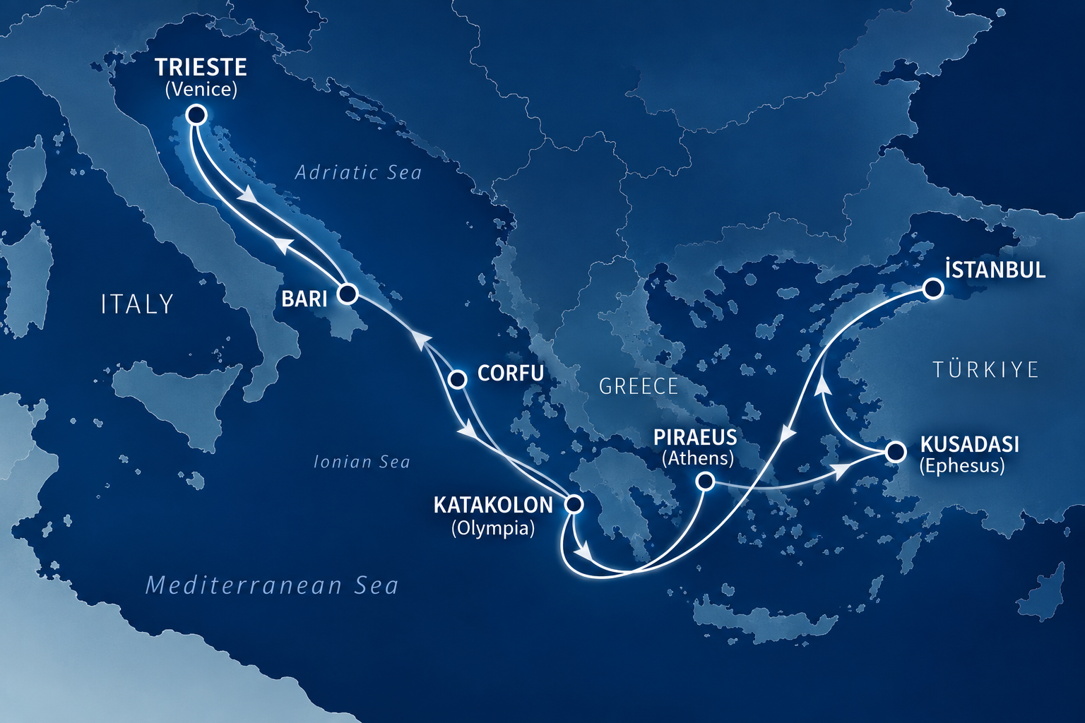 Route der MSC Splendida von Triest über Bari, Korfu, Katakolon, Piräus, Kuşadası und Istanbul